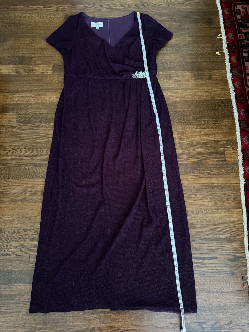 Oleg Cassini Deep Purple Lace-Texture Maxi Dress with Brooch Accent - Picture 7 of 8